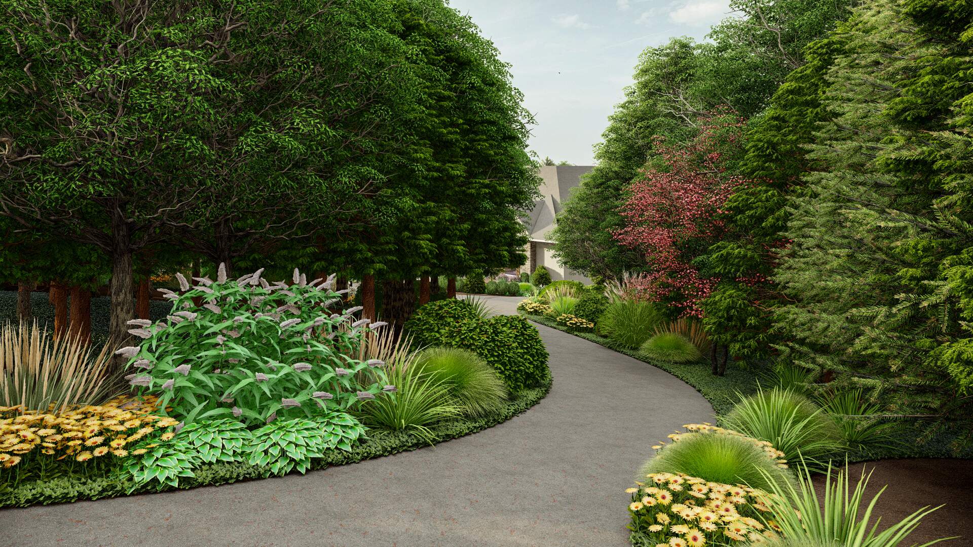 Serene garden pathway lined with a variety of lush trees, shrubs, and flowering plants leading to a traditional home